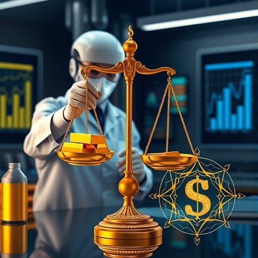 一位科學家在高科技實驗室中將鉛轉化為黃金