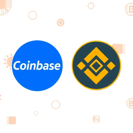 幣安與 Coinbase 標誌的插圖，背景為數位科技元素