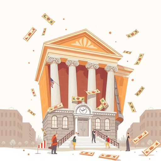 一棟銀行大樓正在崩塌的插圖