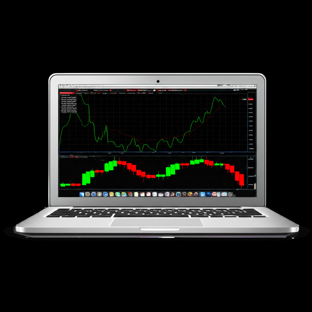 一台蘋果MacBook Pro筆記型電腦正在虛擬機中運行MetaTrader 4，顯示金融圖表。