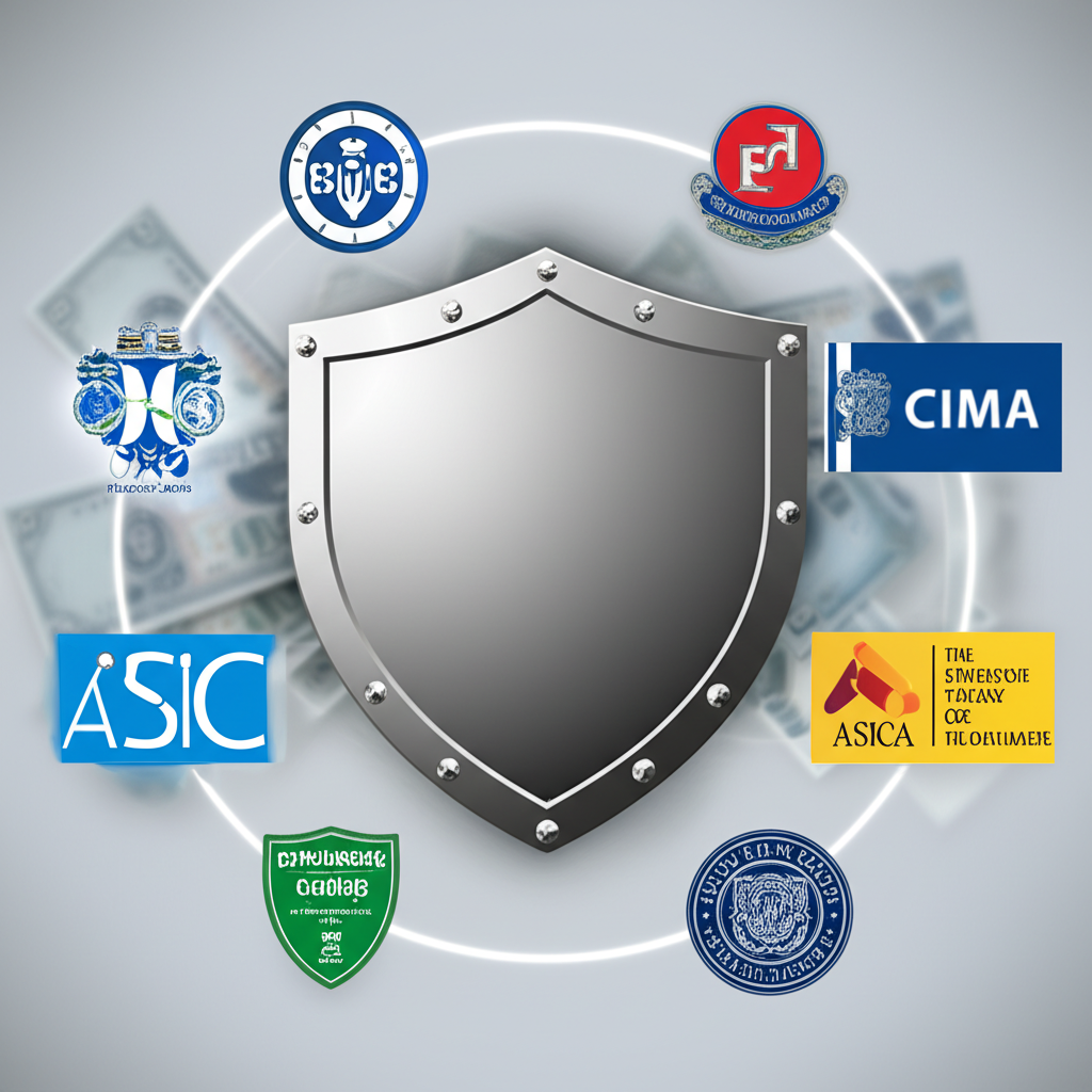 防護盾牌保護投資人資金，周圍環繞 ASIC、CIMA 等監管標章，象徵高槓桿 CFD 交易的信任與風險控管