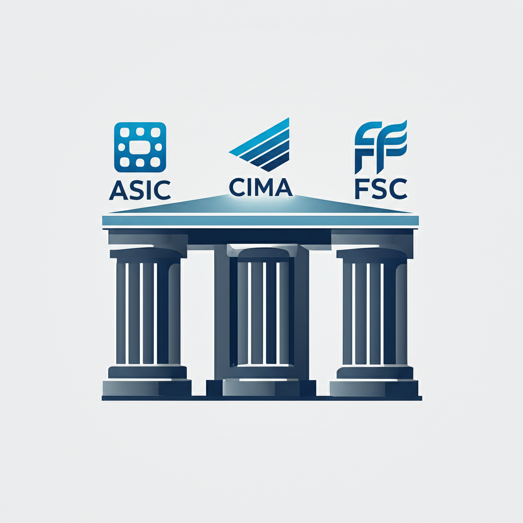 ASIC、CIMA、FSC 三個監管標章作為支柱，支撐一座穩固的金融建築，代表合法營運與投資人保護標準