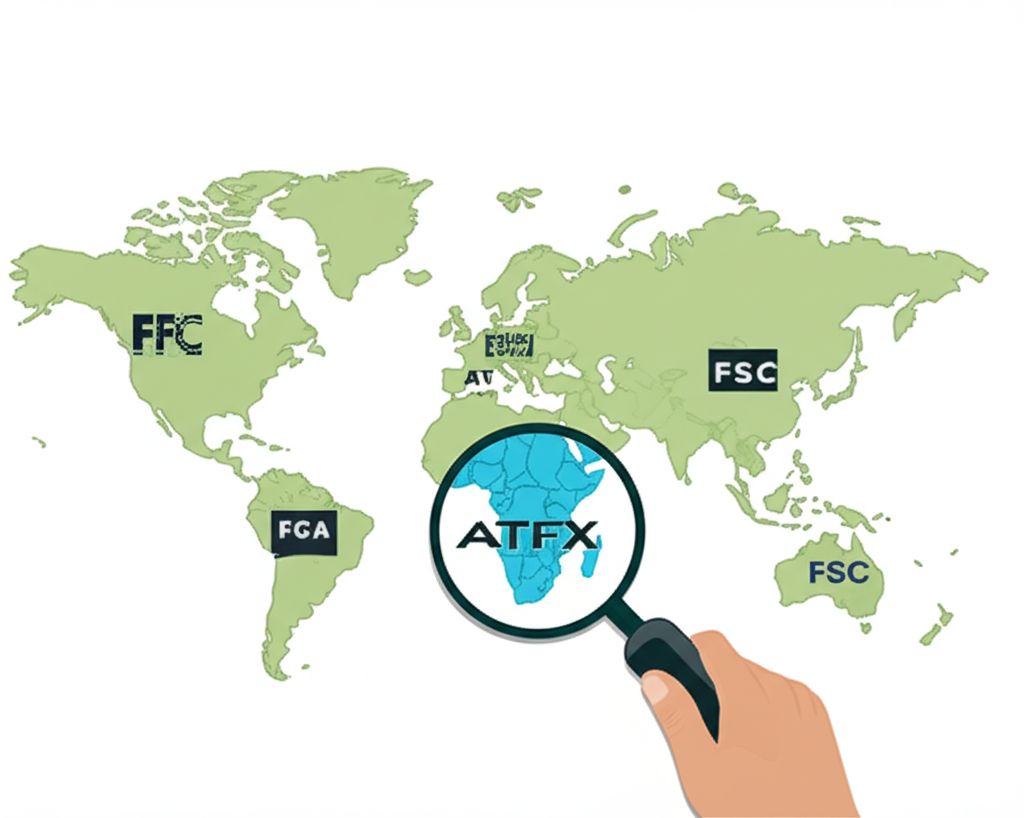 世界地圖標示FCA、CySEC與FSC等監管機構位置,用戶正在確認哪個ATFX實體受何方監管,凸顯跨國監管的複雜性
