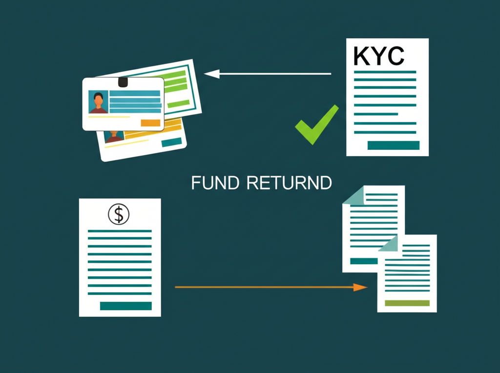資金回流至原始入金管道的示意圖,畫面中包含KYC身份與地址證明文件的驗證過程