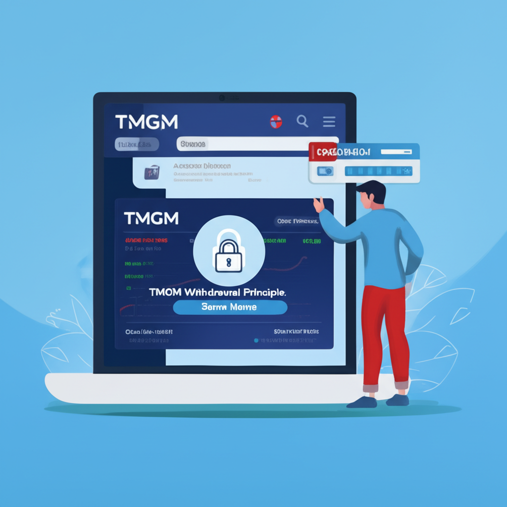 TMGM帳戶餘額與同名出金原則說明插畫,螢幕顯示交易狀態與鎖定圖示