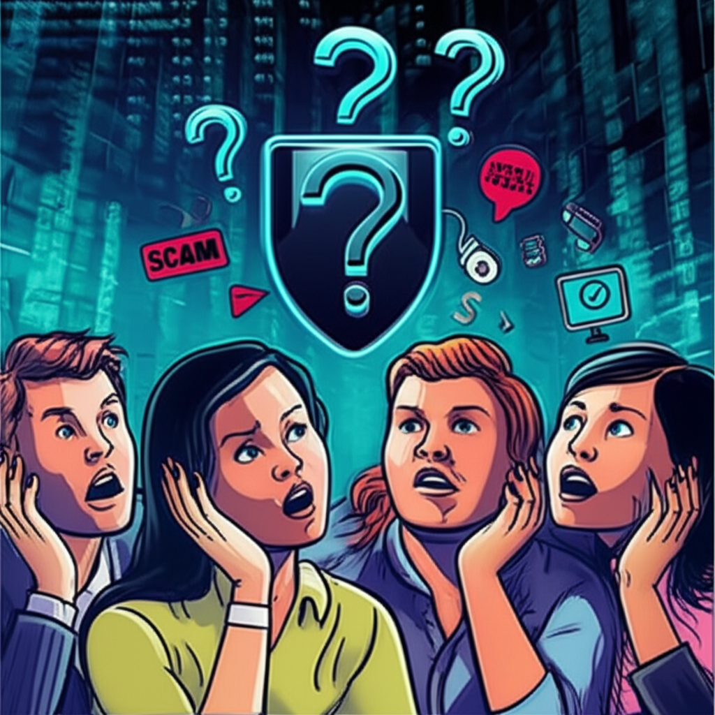 投資者圍繞在陰影中的金融平台標誌旁,表情困惑與擔憂,象徵對ATFX詐騙疑雲的不安