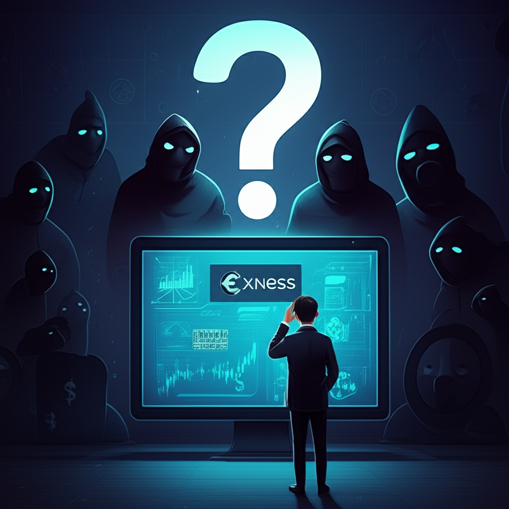投資人困惑地看著充滿陰影的金融市場，Exness平台上方懸浮巨大問號，周圍環繞詐騙與非法平台