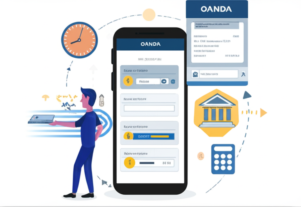 插畫：使用者在 OANDA 數位介面上選擇不同出金選項，資金流向銀行帳戶，時鐘代表速度，計算機象徵手續費