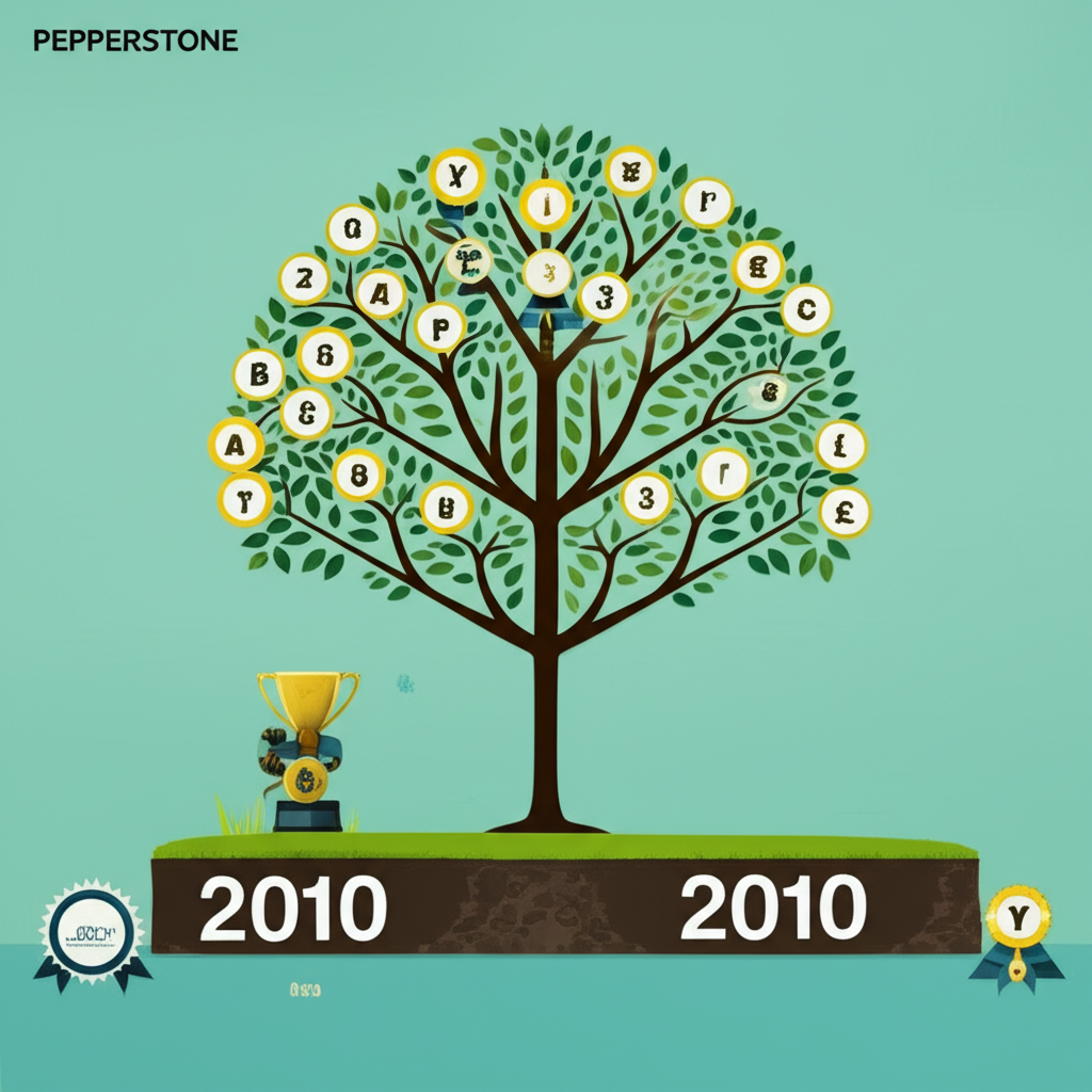 以時間軸呈現Pepperstone從2010年至今的發展歷程，象徵其穩固成長的信譽與國際影響力