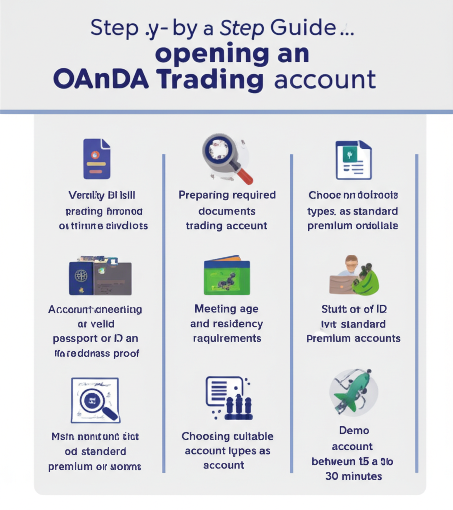 OANDA開戶流程圖解，包含準備文件、填寫資料、身份驗證與帳戶啟用步驟