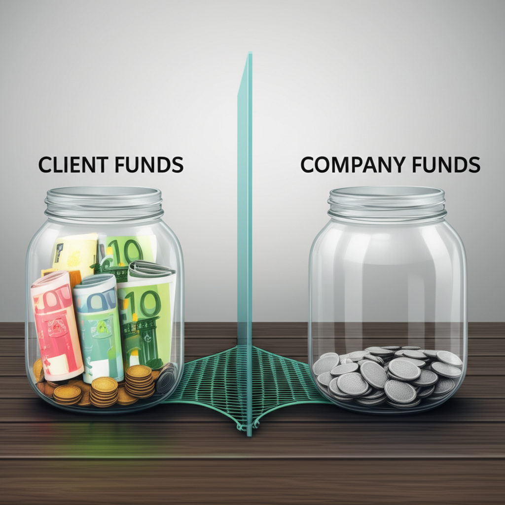 兩隻透明資金罐分別標示客戶資金與公司資金，中間有強固屏障，下方有賠償機制作為安全網