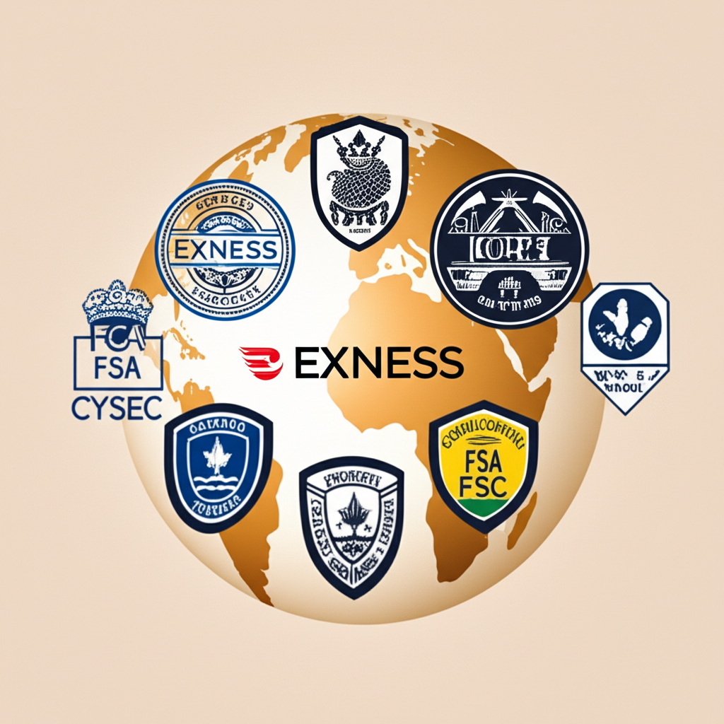 Exness在全球運作，受FCA、CySEC、FSCA、FSA、FSC、CMA等監管機構的官方印章與盾牌保護