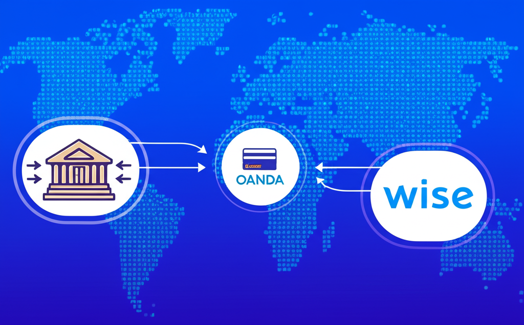 插畫：三種出金方式圖示，分別為銀行電匯、Wise 與信用卡／金融卡，箭頭指向中央的 OANDA 平台，展現全球金融連結
