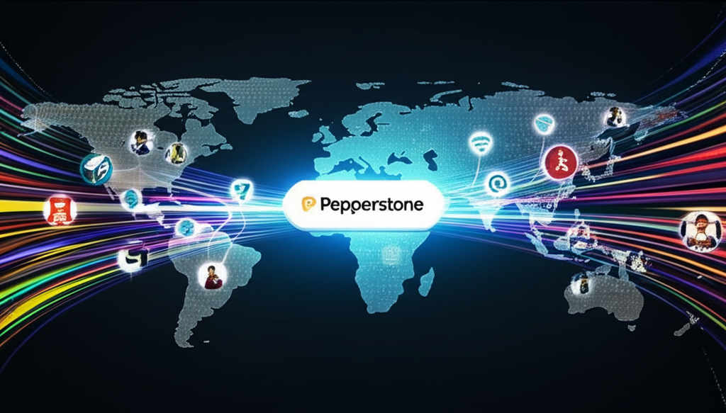 Pepperstone 全球金融網絡示意圖，展現快速執行與低點差的交易優勢