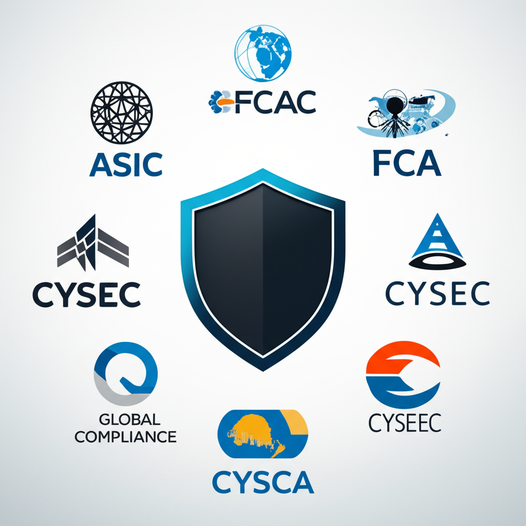 ASIC、FCA、CySEC等國際金融監管機構標誌環繞中央盾牌，象徵全球合規與法律保障