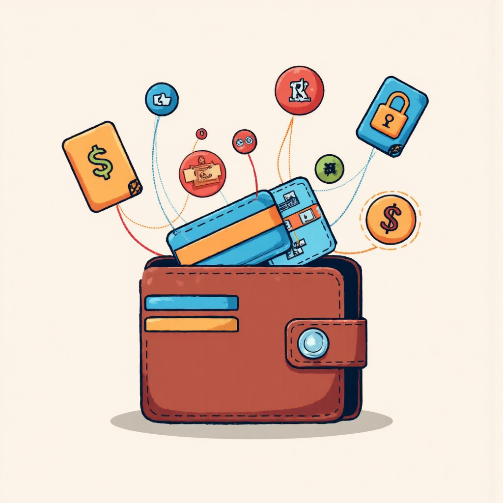 各種支付圖標與貨幣符號流入流出安全數字錢包，乾淨背景代表財務交易與安全的像素藝術風格