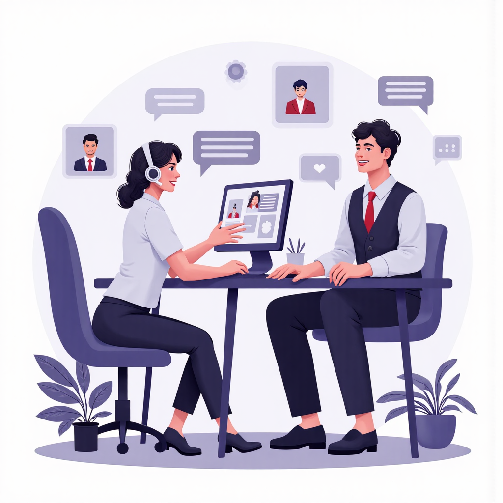 數位插圖描繪友善客服代理透過線上聊天介面與使用者互動，周圍散布有幫助圖示，採用現代像素藝術風格