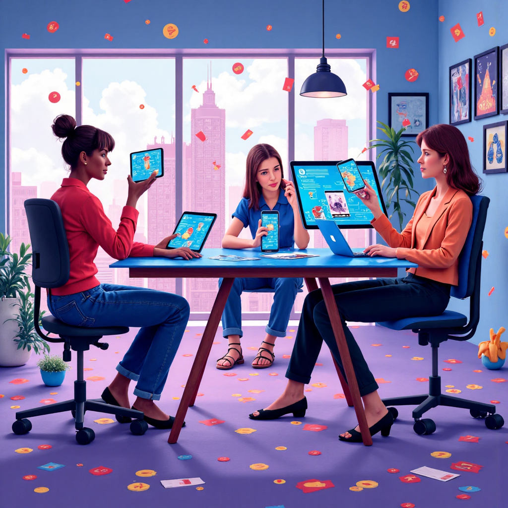 多元人士使用未來裝置互動交易介面，周圍環繞股票與加密貨幣抽象圖像，在明亮工作室環境的像素藝術風格