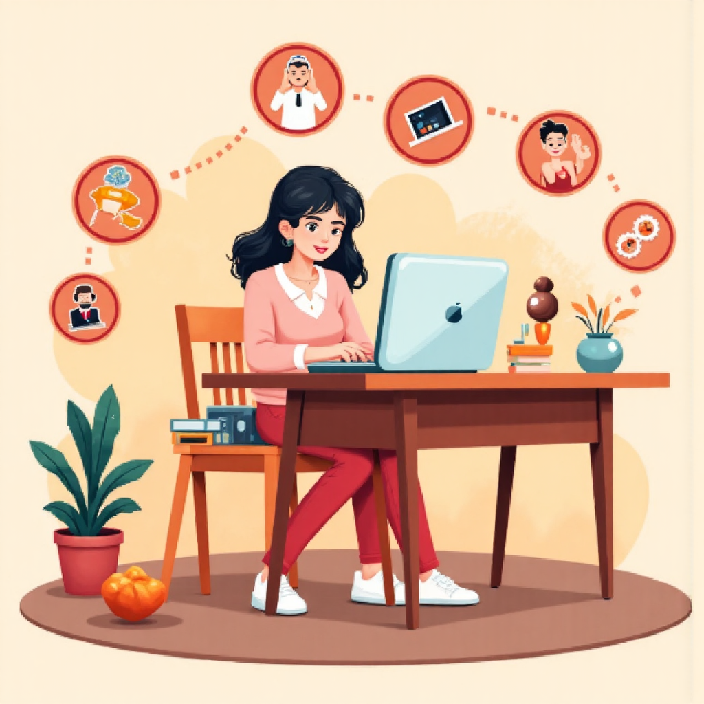 歡樂插圖顯示一位使用者在筆電前操作，周圍浮動各種支援圖示，以溫暖色調呈現現代像素藝術風格