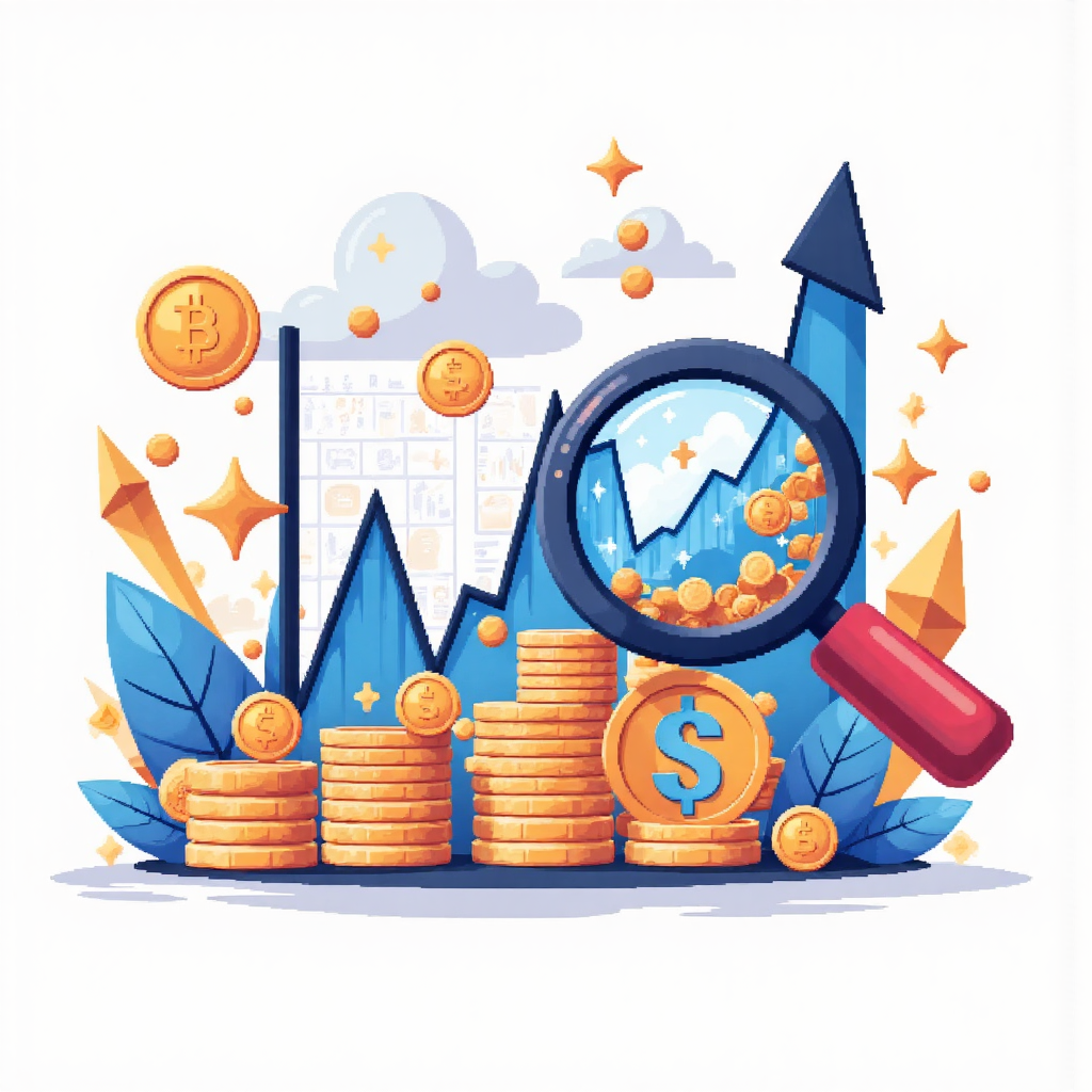 放大鏡檢查數字貨幣圖表，散布硬幣與幾何形狀，象徵財務資料探索的像素藝術風格