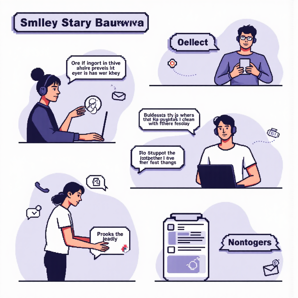 資訊圖表風格插圖展示聯絡客服的不同方式，如電子郵件、電話和聊天泡泡，包含清晰有幫助的元素，以現代像素藝術呈現