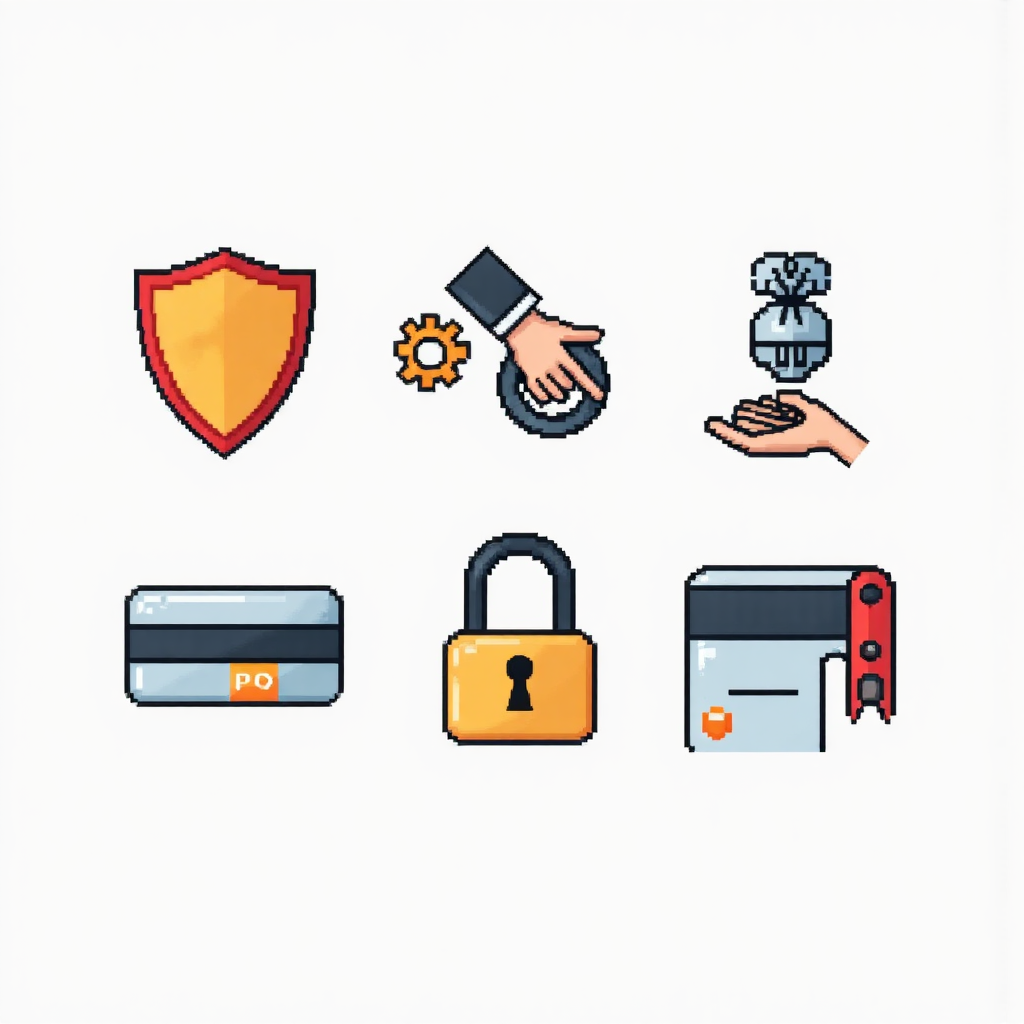 盾牌、鎖和銀行轉帳圖示的簡化資訊圖，像素藝術風格的安全金融交易插圖