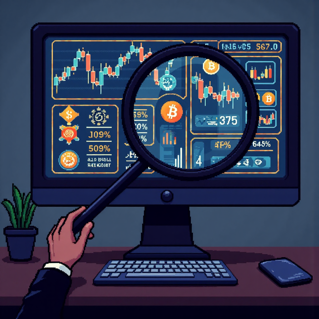 放大鏡檢視數位貨幣符號和股票圖表,螢幕上帶有細微陰影暗示隱藏風險