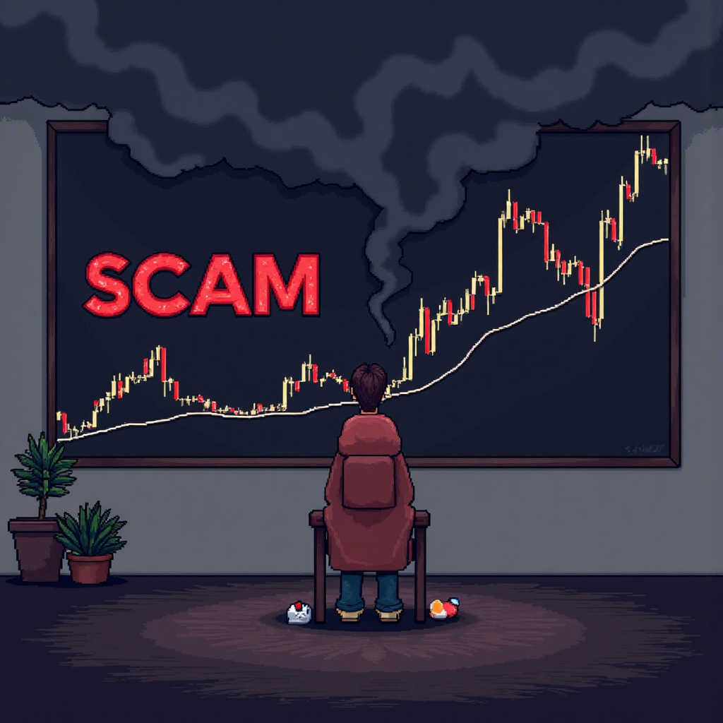 擔心的投資者面對陰森金融圖表與標示詐騙的紅色警告標誌的像素藝術插圖