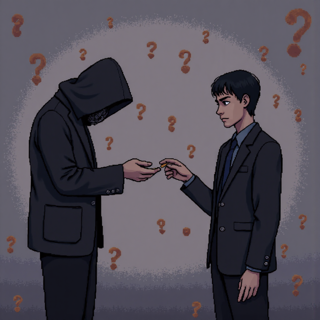 像素藝術風格的蒙面人物小心遞交硬幣給投資者，周圍環繞數字貨幣符號和問號，營造出不安的氛圍