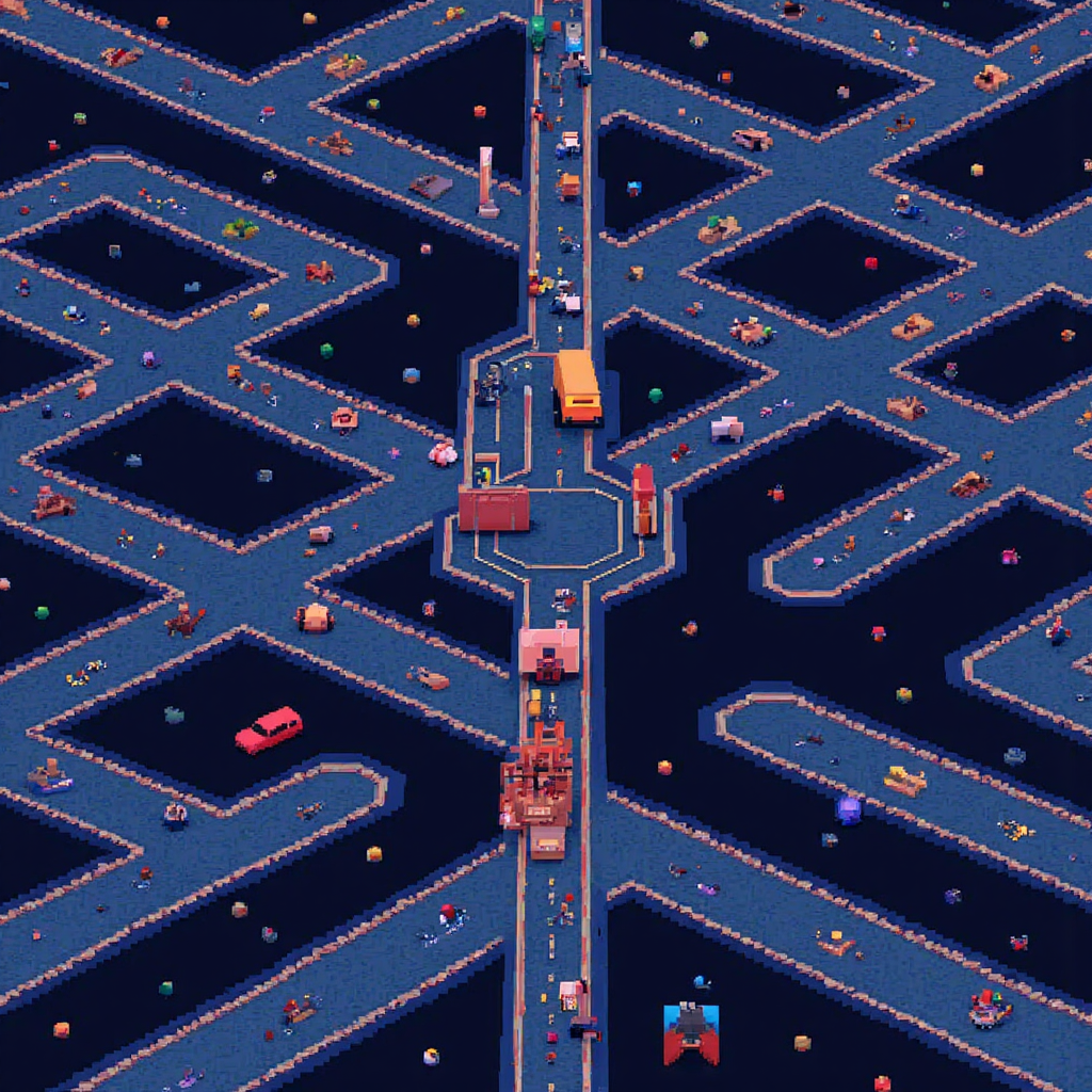 財務交易路徑的抽象迷宮圖，突出安全路線對比多條欺騙性岔路，象徵外匯交易中的風險與安全導航策略