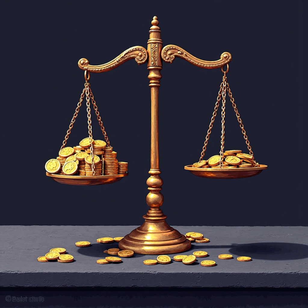 像素藝術風格的圖像，展示不平衡的天平，一邊堆滿假幣，另一邊只有少量真幣，象徵黑平台的欺騙性，透過光影傳達緊迫感和損失氛圍