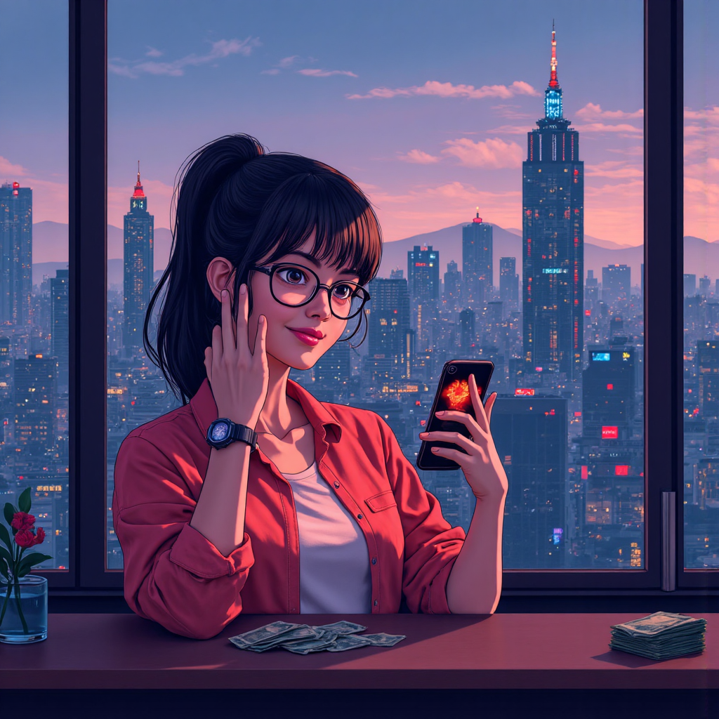 台灣城市背景中，一位用戶從手機螢幕提取金錢的像素藝術插圖