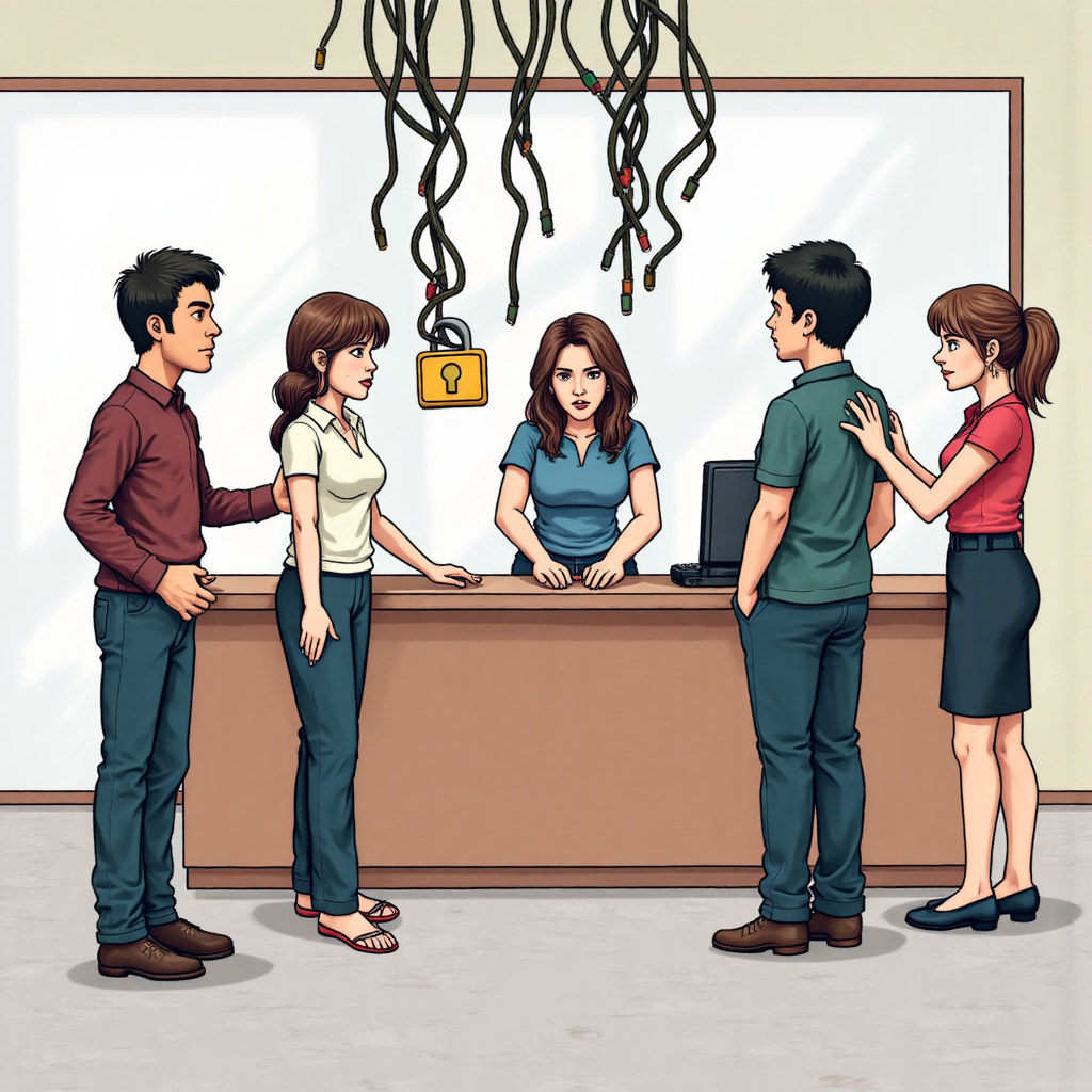 沮喪的人們試圖接觸客服卻被糾纏電線和大鎖阻擋，象徵提款問題的像素藝術插圖