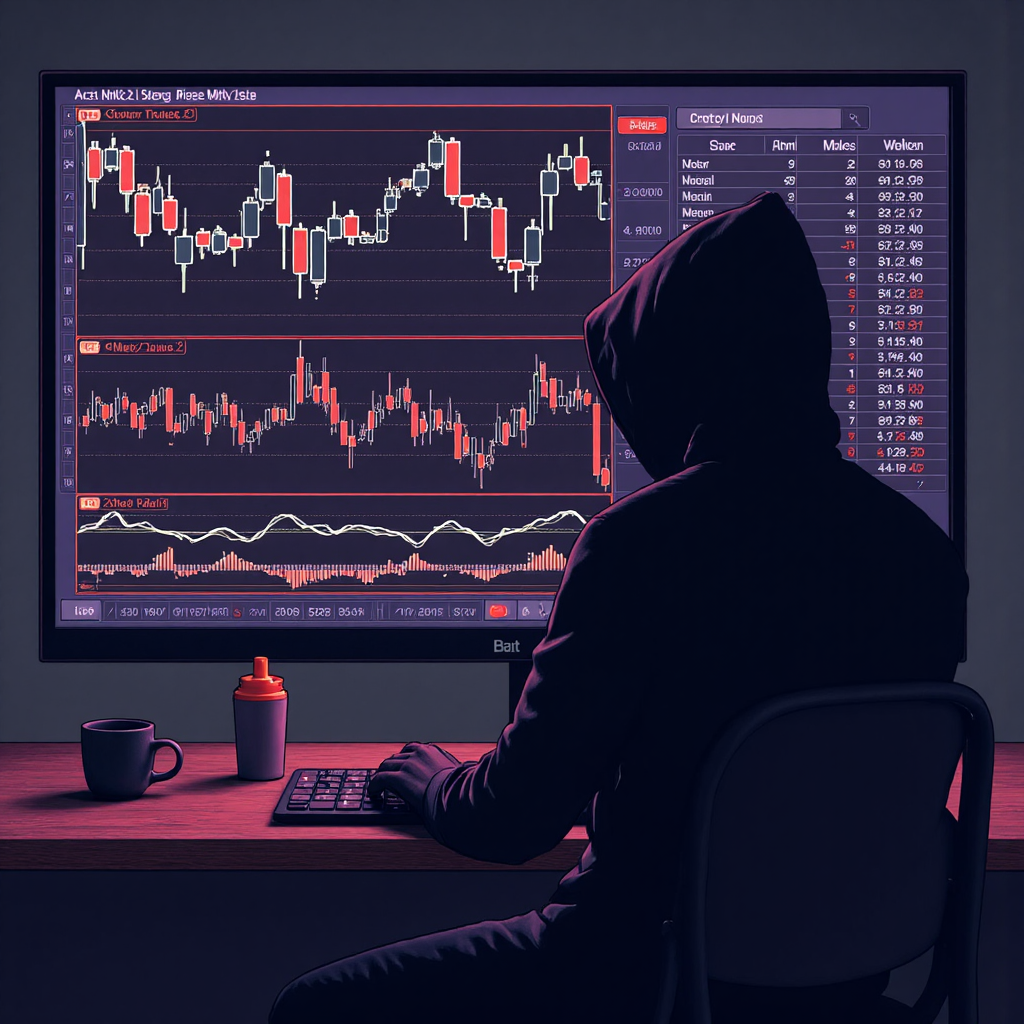 像素藝術風格的圖像，描繪戴兜帽身影投下陰影籠罩數位交易圖表，象徵詐騙平台，採用陰暗不祥色調並帶有警示元素