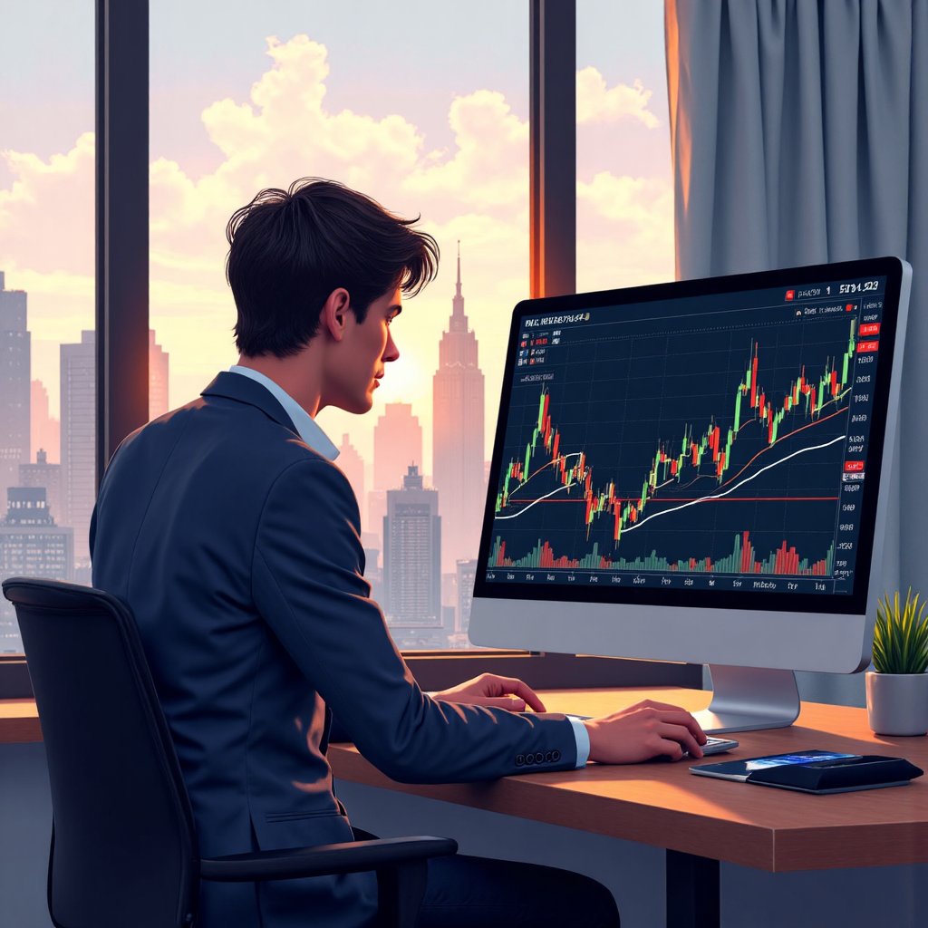 擔憂的投資者凝視複雜的數位交易圖表,背景為模糊的城市景觀沐浴在柔和晨光中