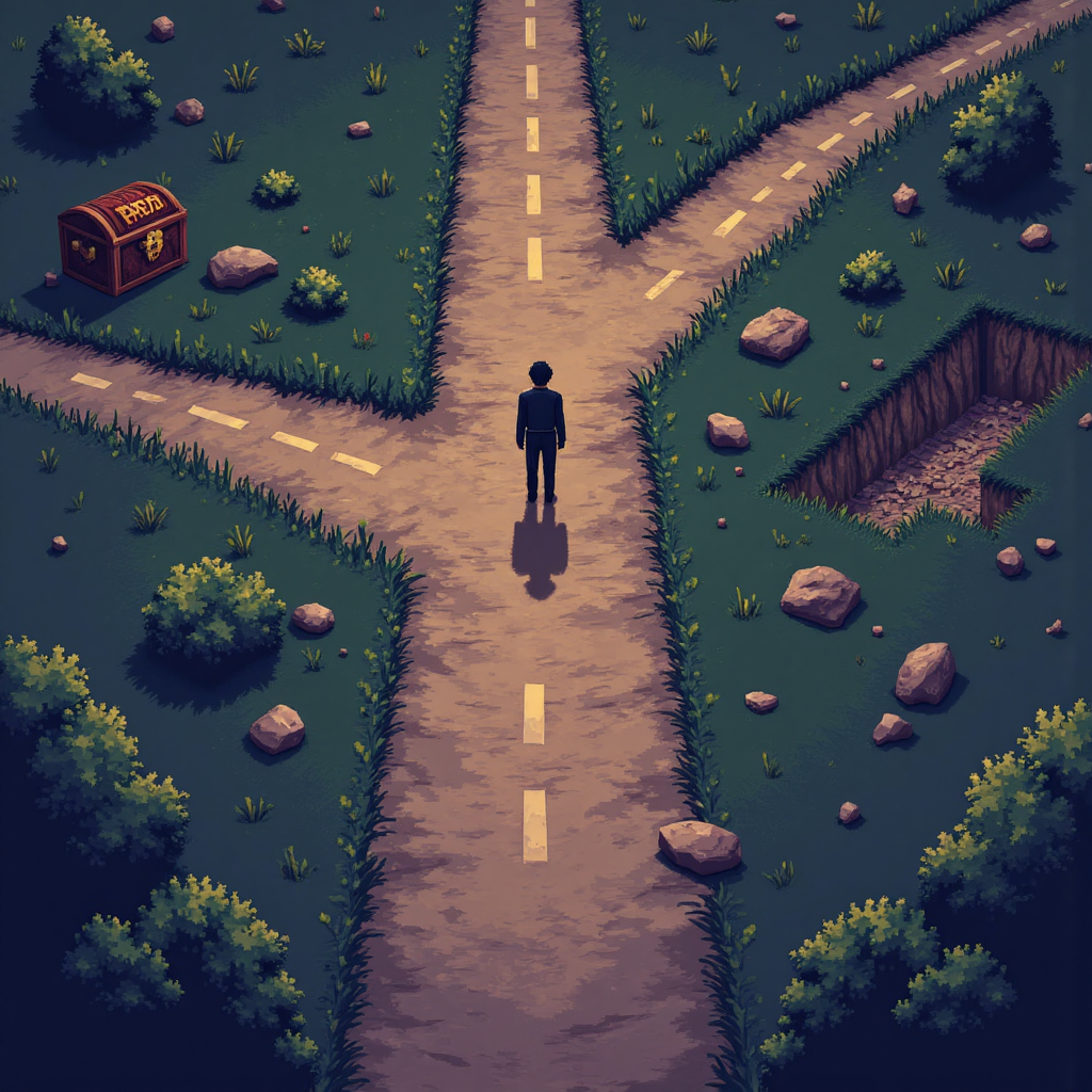 槓桿交易風險選擇的十字路口圖,通往獲利與虧損的兩條路