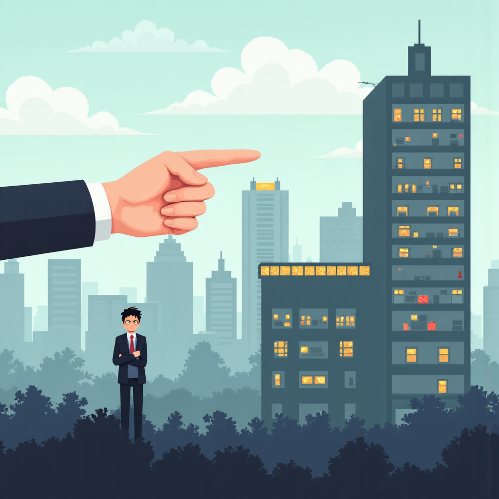 手指向城市天際線上監管機構大樓，引導困惑投資者走向安全的像素藝術插圖