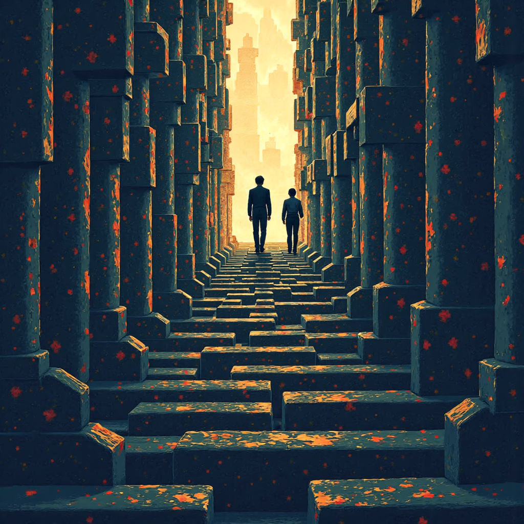 抽象藝術描繪金融符號迷宮與謹慎人物穿梭其中,一道希望之光照亮安全投資之路