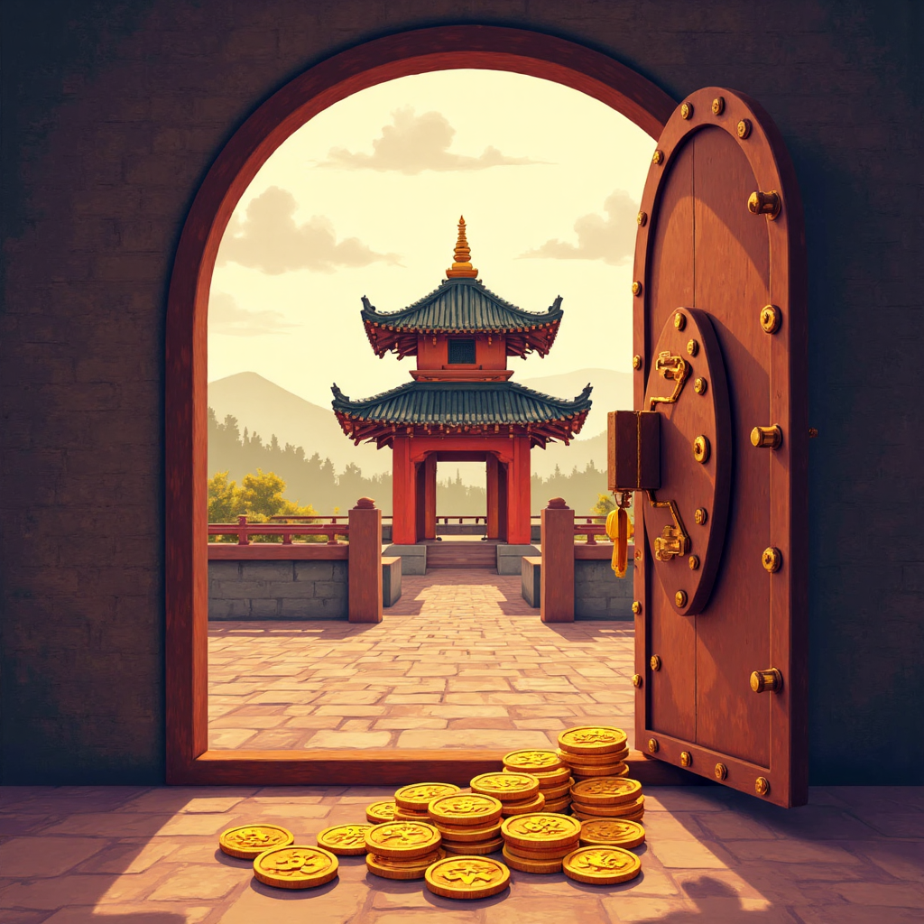 金幣從安全金庫流出的像素藝術，向越南寶塔象徵金融安全的向量圖