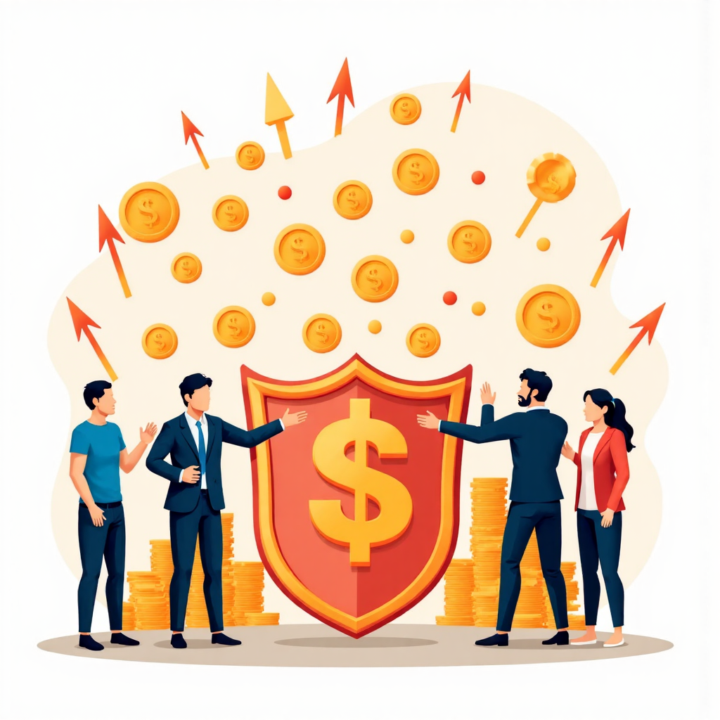 像素藝術風格的圖像，描繪防護盾擋開落下幣子和箭矢，保護多樣化人物，象徵投資者防範金融詐騙，使用明亮樂觀色調強調安全投資替代方案