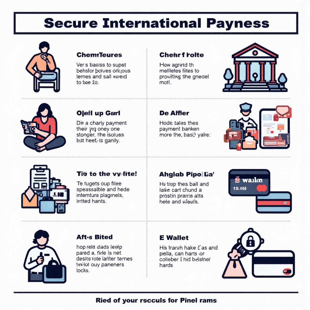 展示銀行轉帳、信用卡與電子錢包等安全國際支付方式的資訊插圖，強調可信賴與安全元素