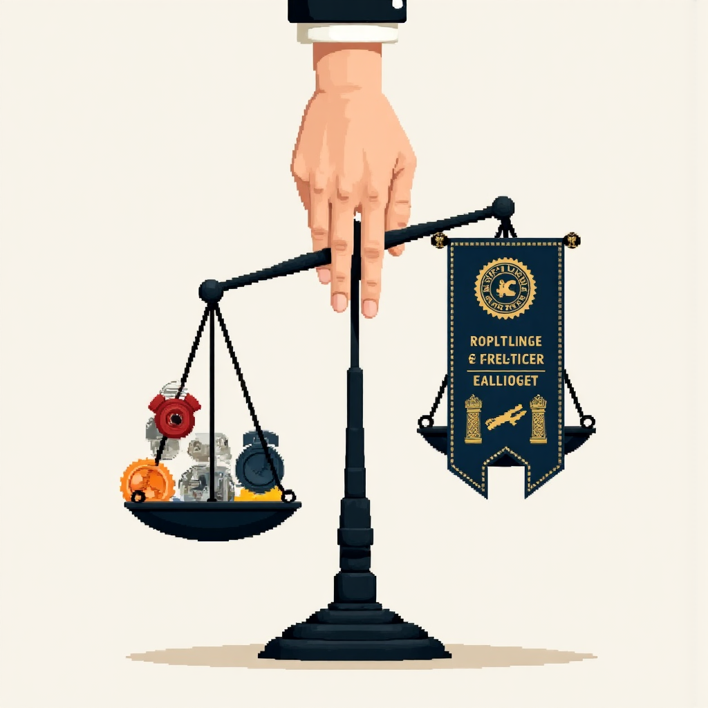 IC Markets 風險管理像素藝術:平衡天平傾斜向安全,一側監管機構旗幟,另一側交易工具與教育資源,受保護手守護